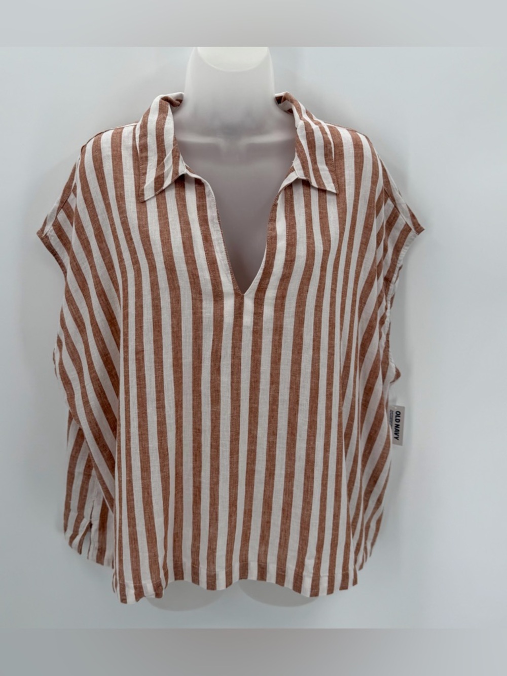 Old Navy Blouse Womens 2X Plus Brown Stripe Linen Blend Popover Cropped New